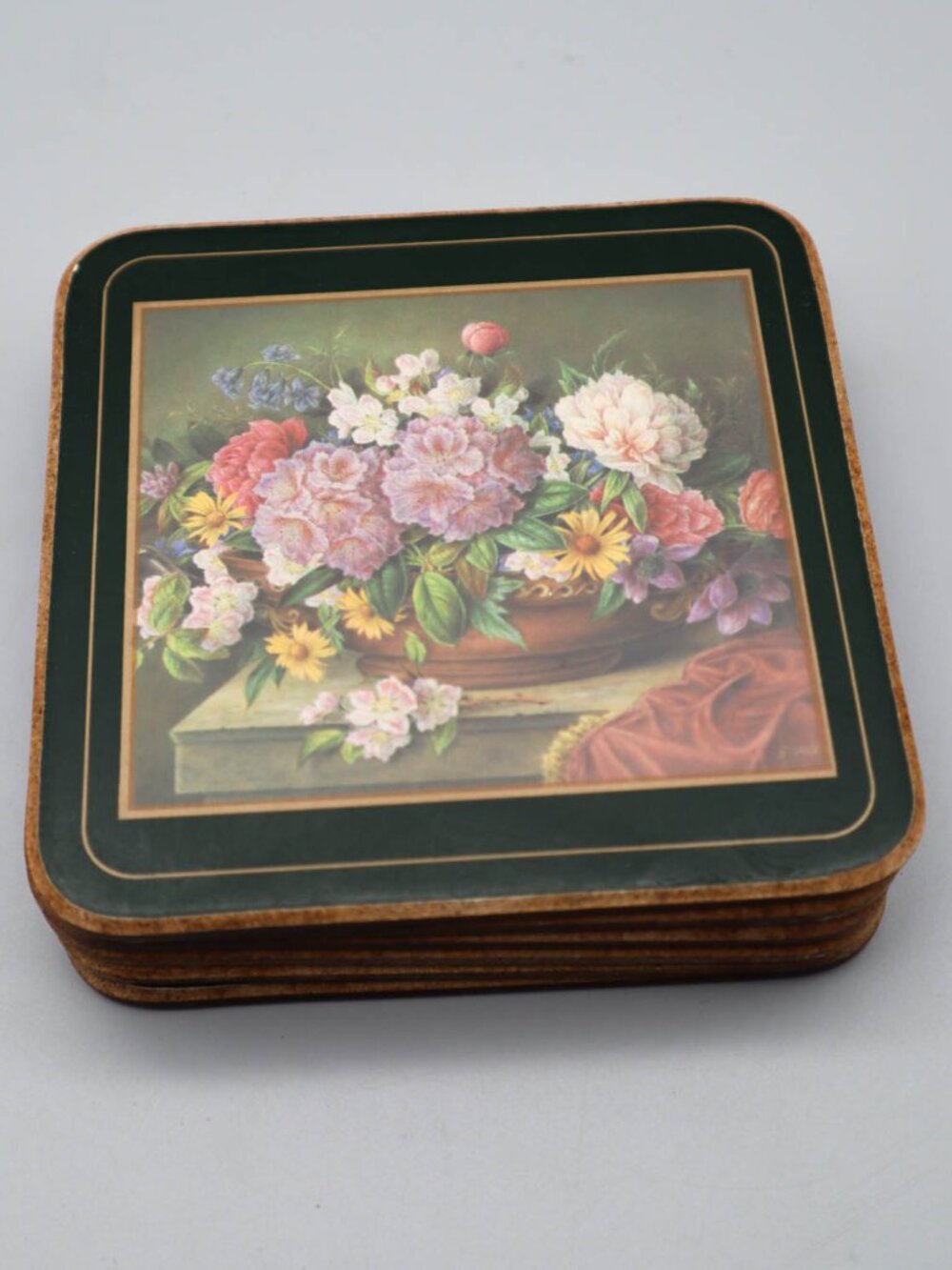 6 Vintage Pimpernel Cork Backed Celluloid Coasters Romantic Rose Botanical